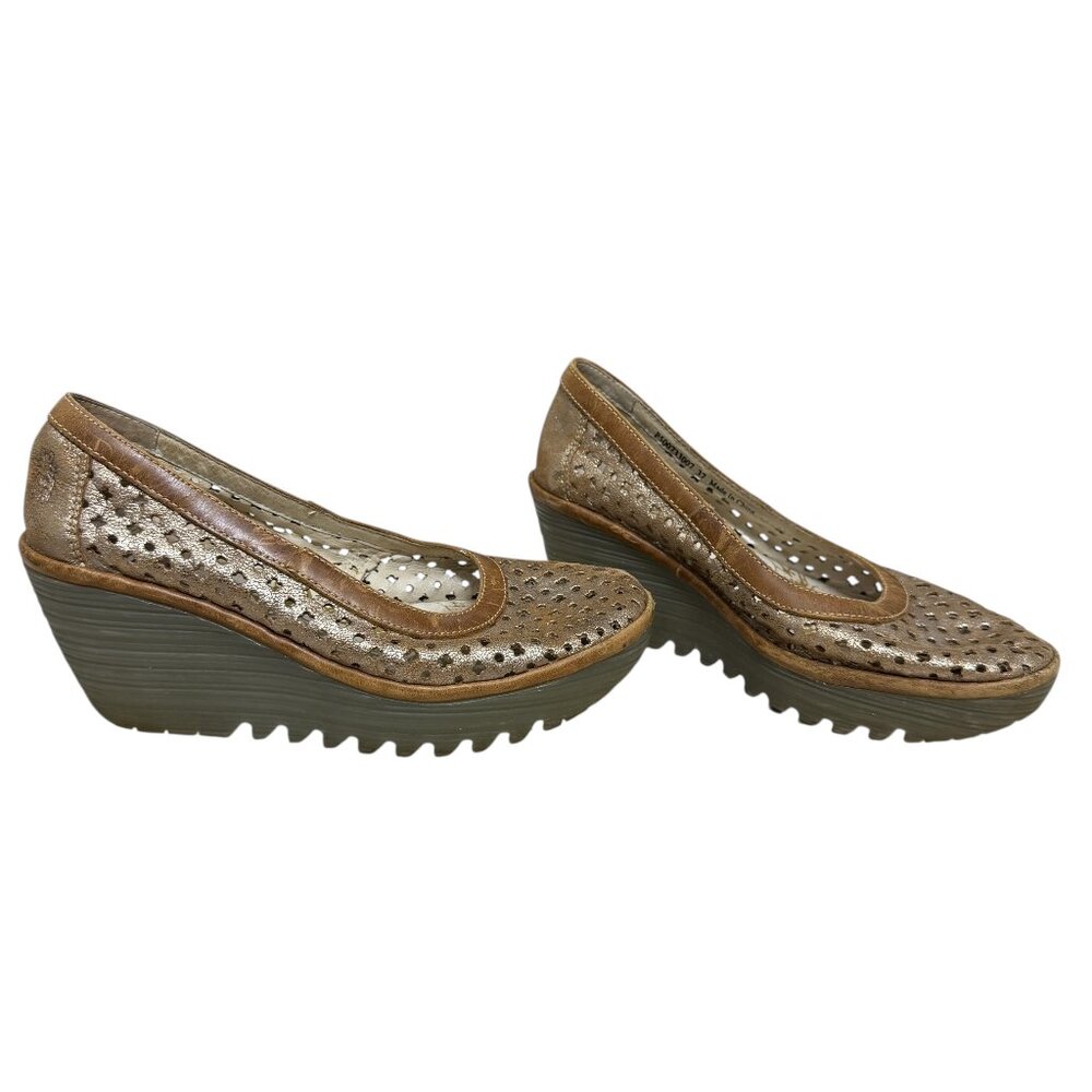 Fly London Metallic Taupe and Brown Wedge Pumps